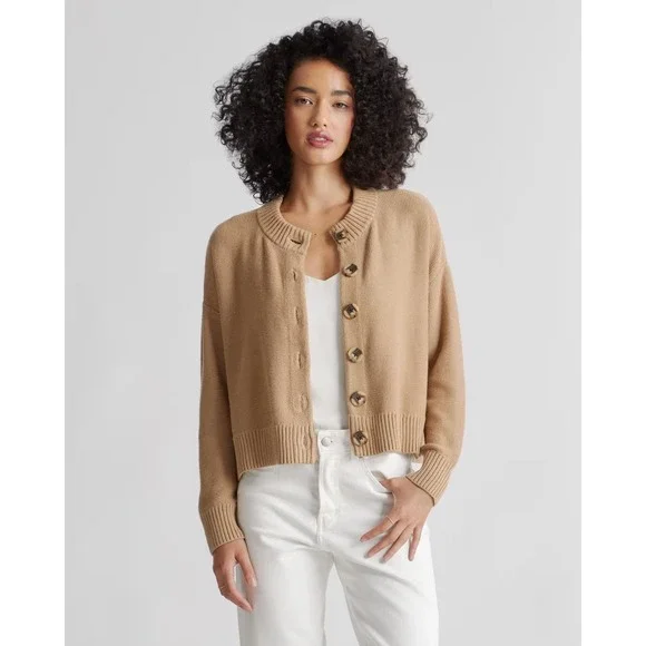 Quince Knit Button Front Cardigan Sweater Camel Tan Crew Neck Size Small - Picture 3 of 12